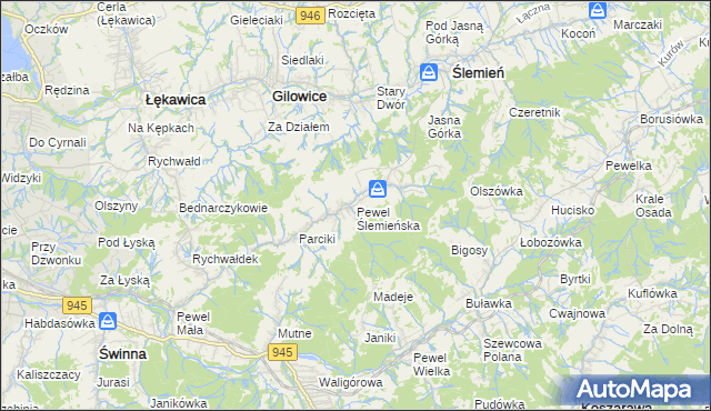 mapa Pewel Ślemieńska, Pewel Ślemieńska na mapie Targeo