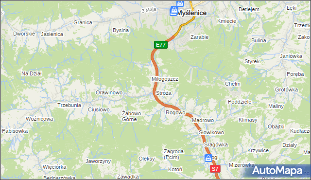 mapa Stróża gmina Pcim, Stróża gmina Pcim na mapie Targeo