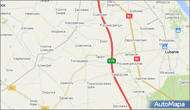 mapa Tadzin gmina Lubanie, Tadzin gmina Lubanie na mapie Targeo