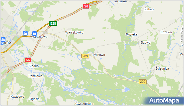 mapa Tychowo gmina Sławno, Tychowo gmina Sławno na mapie Targeo