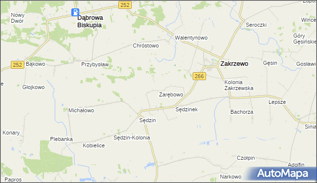 mapa Zarębowo gmina Zakrzewo, Zarębowo gmina Zakrzewo na mapie Targeo