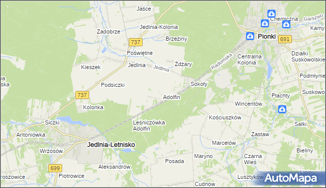 mapa Adolfin gmina Pionki, Adolfin gmina Pionki na mapie Targeo