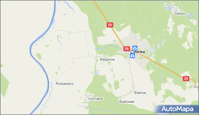 mapa Bieganów gmina Cybinka, Bieganów gmina Cybinka na mapie Targeo