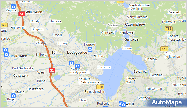 mapa Bierna gmina Łodygowice, Bierna gmina Łodygowice na mapie Targeo