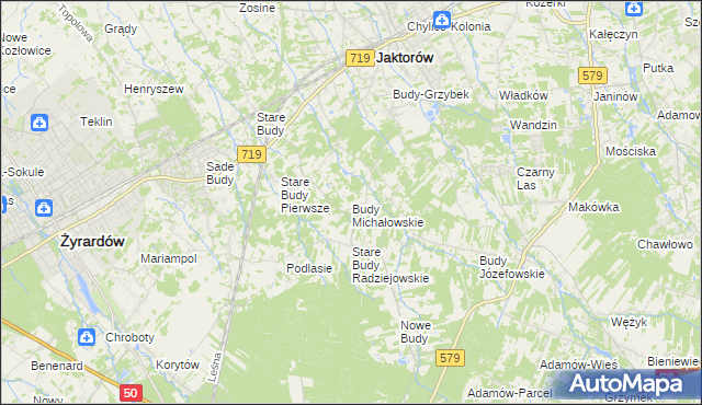 mapa Budy Michałowskie gmina Jaktorów, Budy Michałowskie gmina Jaktorów na mapie Targeo