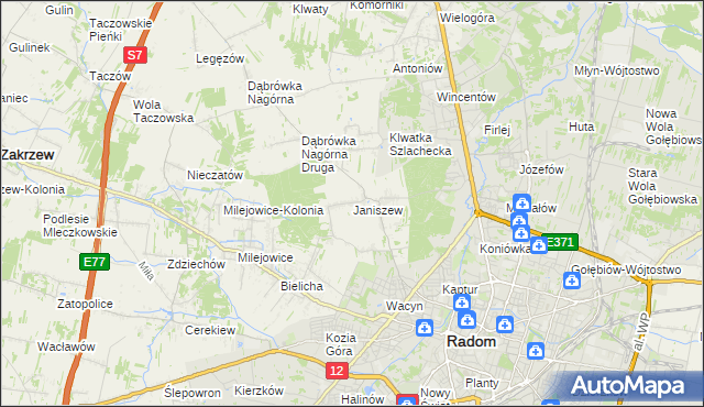 mapa Janiszew gmina Zakrzew, Janiszew gmina Zakrzew na mapie Targeo
