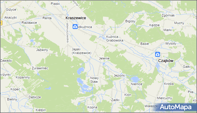 mapa Jelenie gmina Kraszewice, Jelenie gmina Kraszewice na mapie Targeo