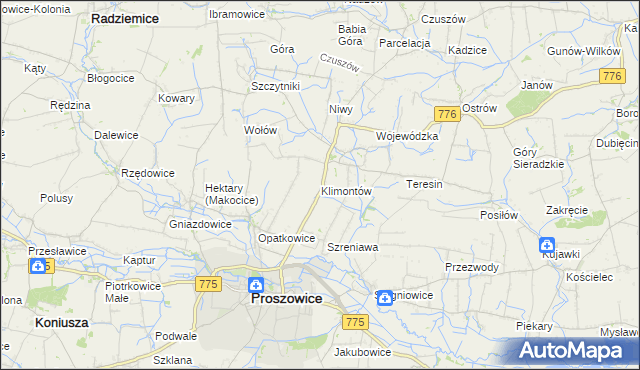 mapa Klimontów gmina Proszowice, Klimontów gmina Proszowice na mapie Targeo