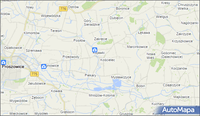 mapa Kościelec gmina Proszowice, Kościelec gmina Proszowice na mapie Targeo