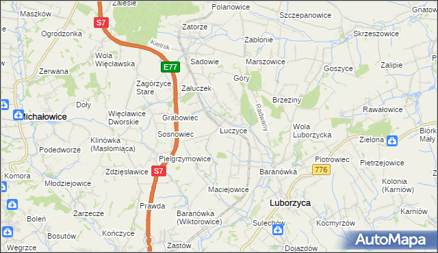 mapa Łuczyce gmina Kocmyrzów-Luborzyca, Łuczyce gmina Kocmyrzów-Luborzyca na mapie Targeo