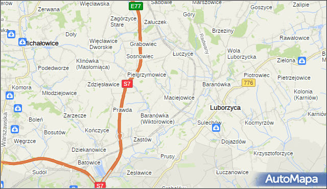 mapa Maciejowice gmina Kocmyrzów-Luborzyca, Maciejowice gmina Kocmyrzów-Luborzyca na mapie Targeo