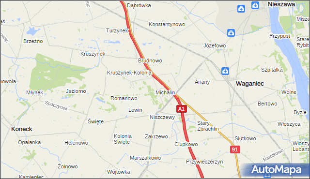 mapa Michalin gmina Waganiec, Michalin gmina Waganiec na mapie Targeo