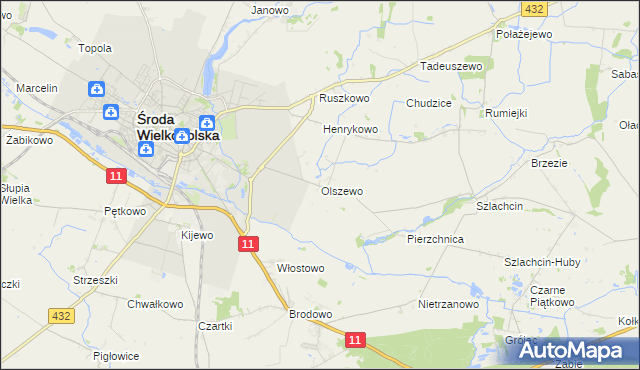mapa Olszewo gmina Środa Wielkopolska, Olszewo gmina Środa Wielkopolska na mapie Targeo