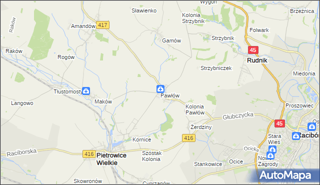 mapa Pawłów gmina Pietrowice Wielkie, Pawłów gmina Pietrowice Wielkie na mapie Targeo