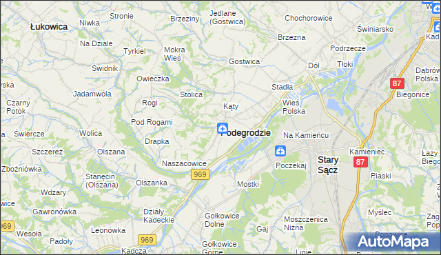 mapa Podegrodzie powiat nowosądecki, Podegrodzie powiat nowosądecki na mapie Targeo