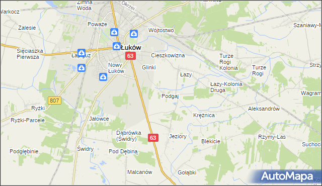 mapa Podgaj gmina Łuków, Podgaj gmina Łuków na mapie Targeo