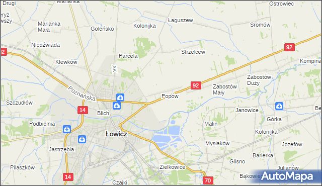 mapa Popów gmina Łowicz, Popów gmina Łowicz na mapie Targeo