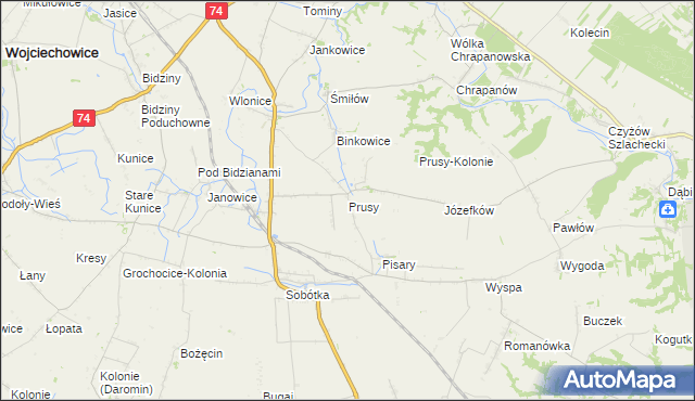 mapa Prusy gmina Ożarów, Prusy gmina Ożarów na mapie Targeo