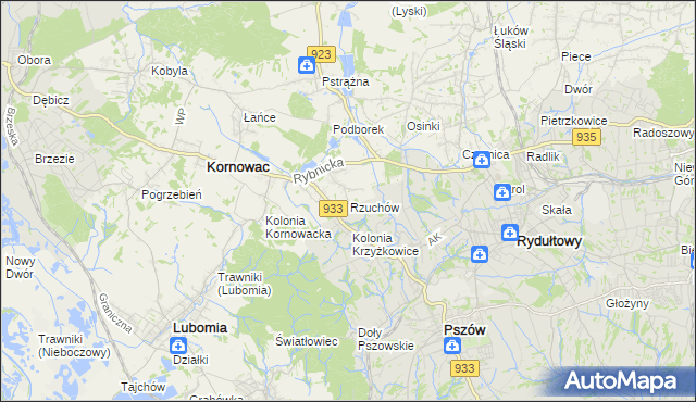 mapa Rzuchów gmina Kornowac, Rzuchów gmina Kornowac na mapie Targeo