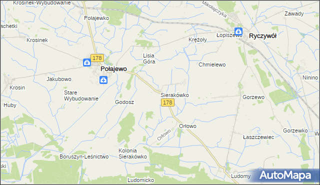 mapa Sierakówko gmina Połajewo, Sierakówko gmina Połajewo na mapie Targeo