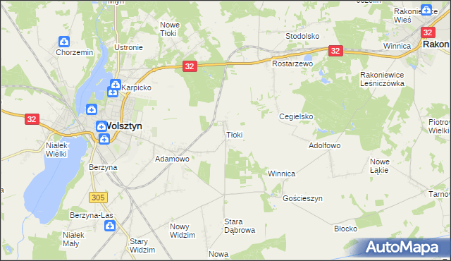 mapa Tłoki gmina Wolsztyn, Tłoki gmina Wolsztyn na mapie Targeo