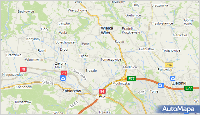 mapa Tomaszowice gmina Wielka Wieś, Tomaszowice gmina Wielka Wieś na mapie Targeo
