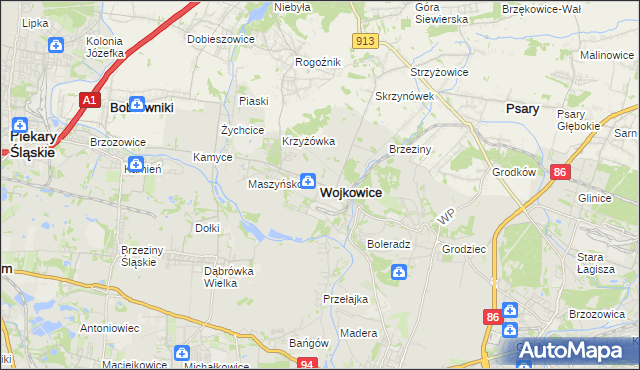 mapa Wojkowice powiat będziński, Wojkowice powiat będziński na mapie Targeo