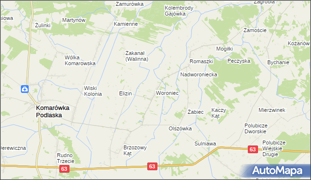 mapa Woroniec gmina Komarówka Podlaska, Woroniec gmina Komarówka Podlaska na mapie Targeo