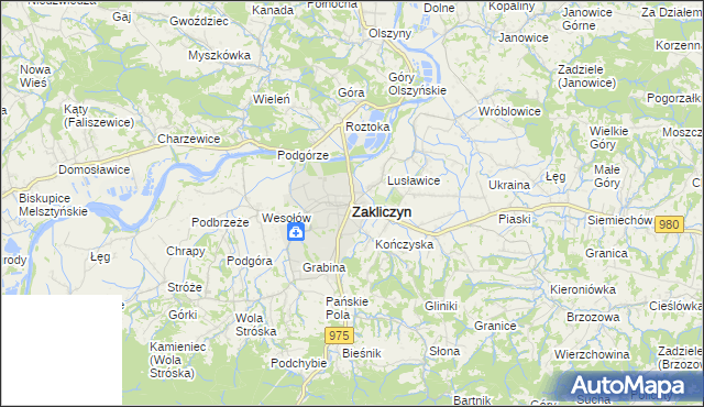 mapa Zakliczyn powiat tarnowski, Zakliczyn powiat tarnowski na mapie Targeo