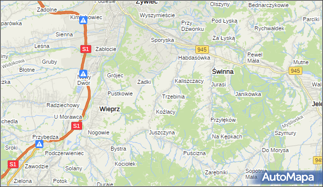 mapa Trzebinia gmina Świnna, Trzebinia gmina Świnna na mapie Targeo