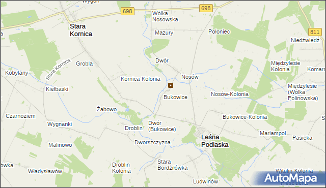 mapa Bukowice gmina Leśna Podlaska, Bukowice gmina Leśna Podlaska na mapie Targeo