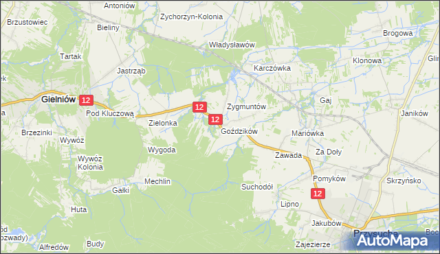 mapa Goździków gmina Gielniów, Goździków gmina Gielniów na mapie Targeo