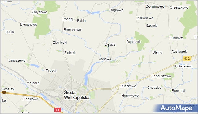 mapa Janowo gmina Środa Wielkopolska, Janowo gmina Środa Wielkopolska na mapie Targeo
