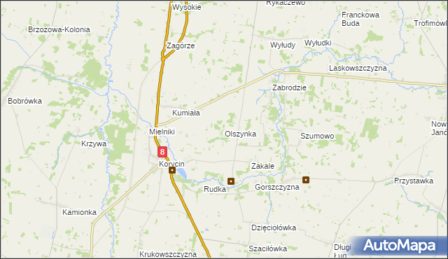 mapa Olszynka gmina Korycin, Olszynka gmina Korycin na mapie Targeo