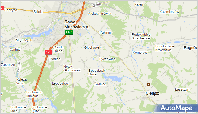 mapa Byszewice gmina Rawa Mazowiecka, Byszewice gmina Rawa Mazowiecka na mapie Targeo