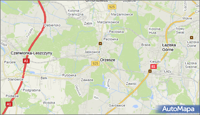 mapa Orzesze powiat mikołowski, Orzesze powiat mikołowski na mapie Targeo