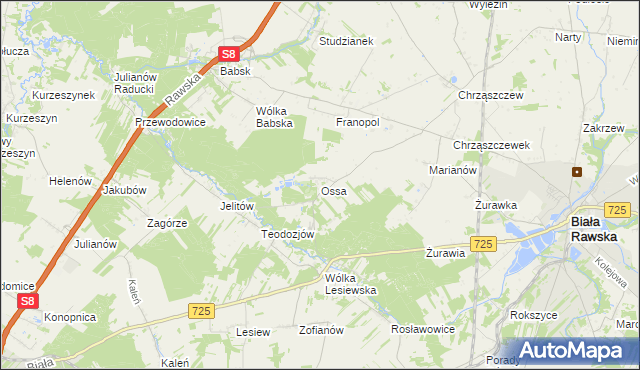 mapa Ossa gmina Biała Rawska, Ossa gmina Biała Rawska na mapie Targeo