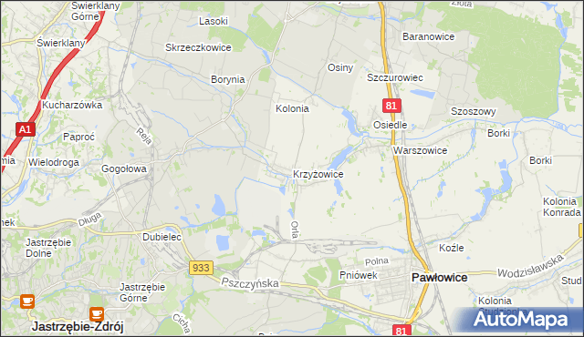 mapa Krzyżowice gmina Pawłowice, Krzyżowice gmina Pawłowice na mapie Targeo