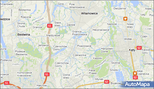 mapa Pisarzowice gmina Wilamowice, Pisarzowice gmina Wilamowice na mapie Targeo