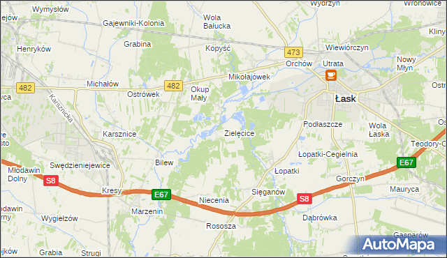 mapa Zielęcice gmina Łask, Zielęcice gmina Łask na mapie Targeo