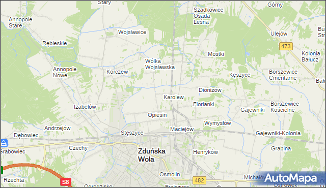 mapa Karolew gmina Zduńska Wola, Karolew gmina Zduńska Wola na mapie Targeo