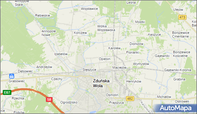 mapa Opiesin gmina Zduńska Wola, Opiesin gmina Zduńska Wola na mapie Targeo