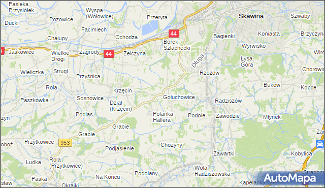 mapa Gołuchowice gmina Skawina, Gołuchowice gmina Skawina na mapie Targeo