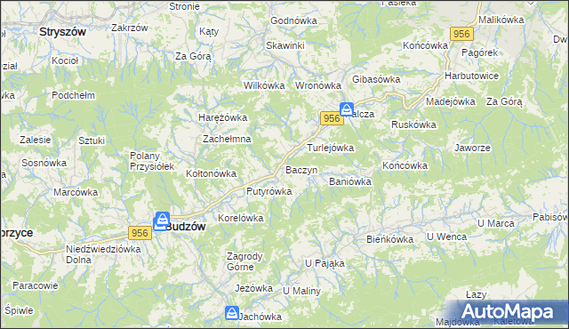 mapa Baczyn gmina Budzów, Baczyn gmina Budzów na mapie Targeo