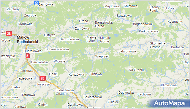 mapa Wieprzec gmina Maków Podhalański, Wieprzec gmina Maków Podhalański na mapie Targeo