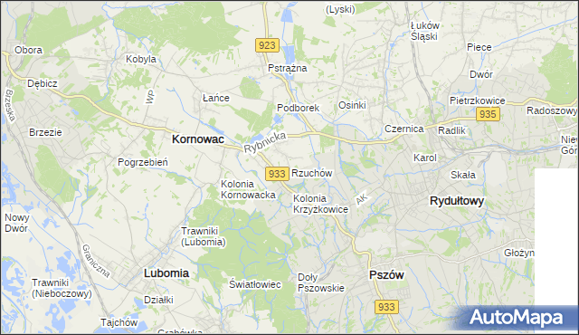 mapa Rzuchów gmina Kornowac, Rzuchów gmina Kornowac na mapie Targeo