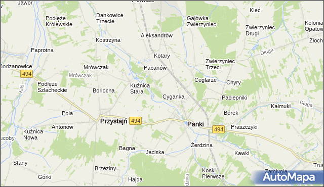 mapa Cyganka gmina Panki, Cyganka gmina Panki na mapie Targeo