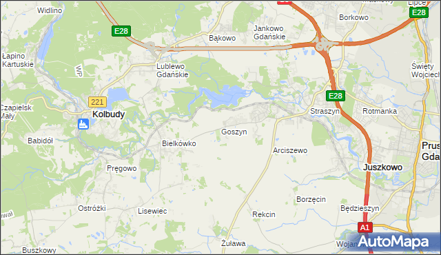 mapa Goszyn gmina Pruszcz Gdański, Goszyn gmina Pruszcz Gdański na mapie Targeo