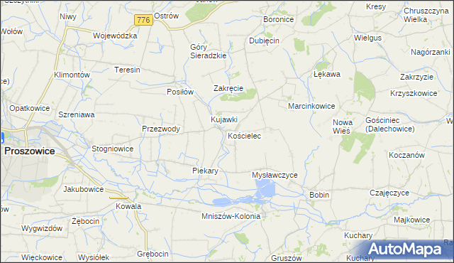 mapa Kościelec gmina Proszowice, Kościelec gmina Proszowice na mapie Targeo