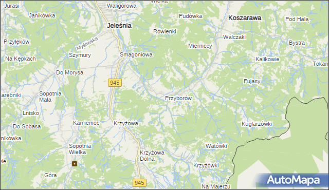 mapa Przyborów gmina Jeleśnia, Przyborów gmina Jeleśnia na mapie Targeo